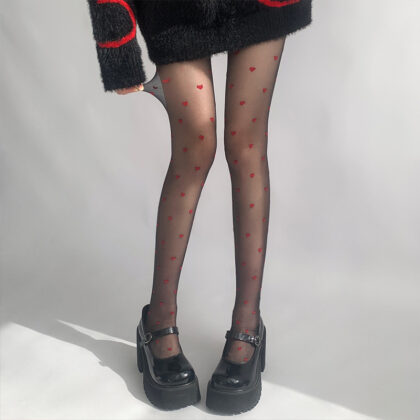 Red Small Love Stockings Ultra-thin Transparent Black Silk Polka Dot Pantyhose Anti-snagging